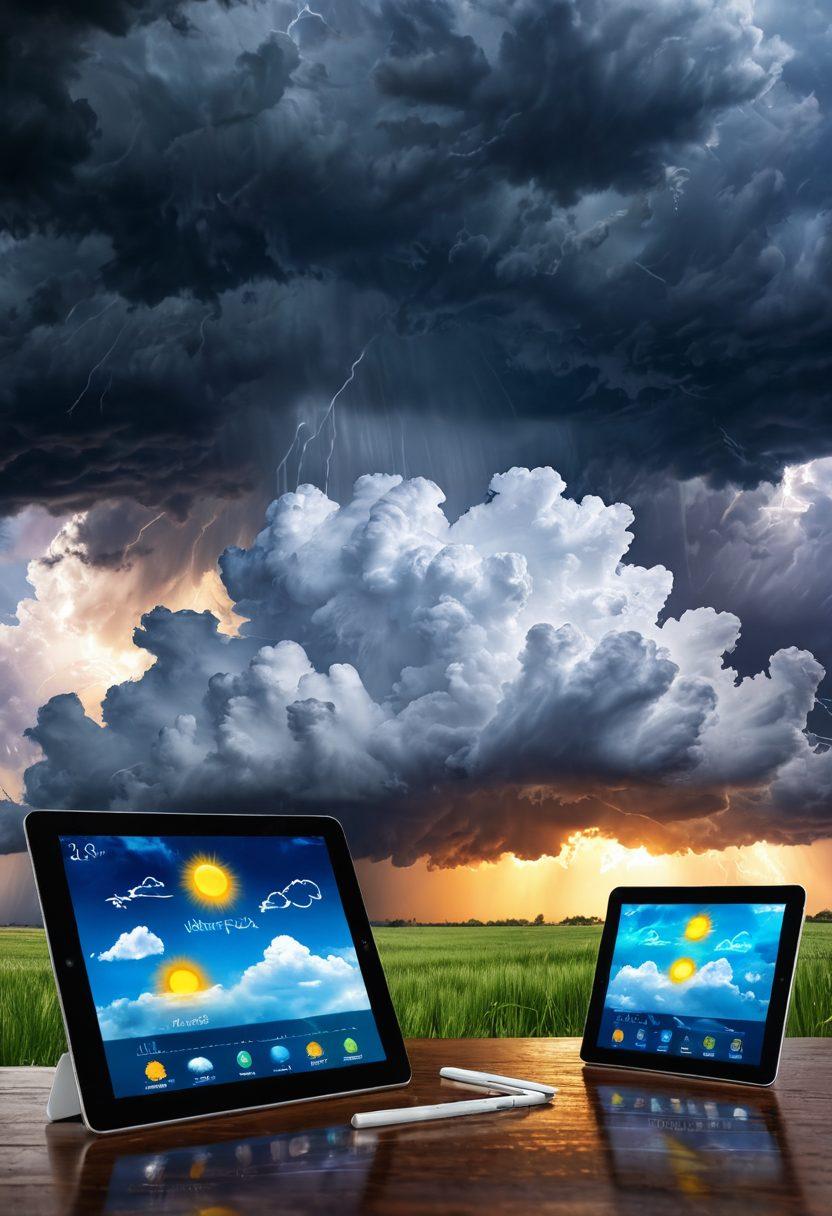 A dynamic scene depicting a dramatic thunderstorm brewing in the sky, contrasting with a clear sunny area showcasing weather forecasts. Include a digital device (tablet or smartphone) displaying weather data. Surround the scene with illustrative weather icons such as clouds, sun, and rain. Use vibrant colors to highlight the stormy and sunny elements. super-realistic. vibrant colors.