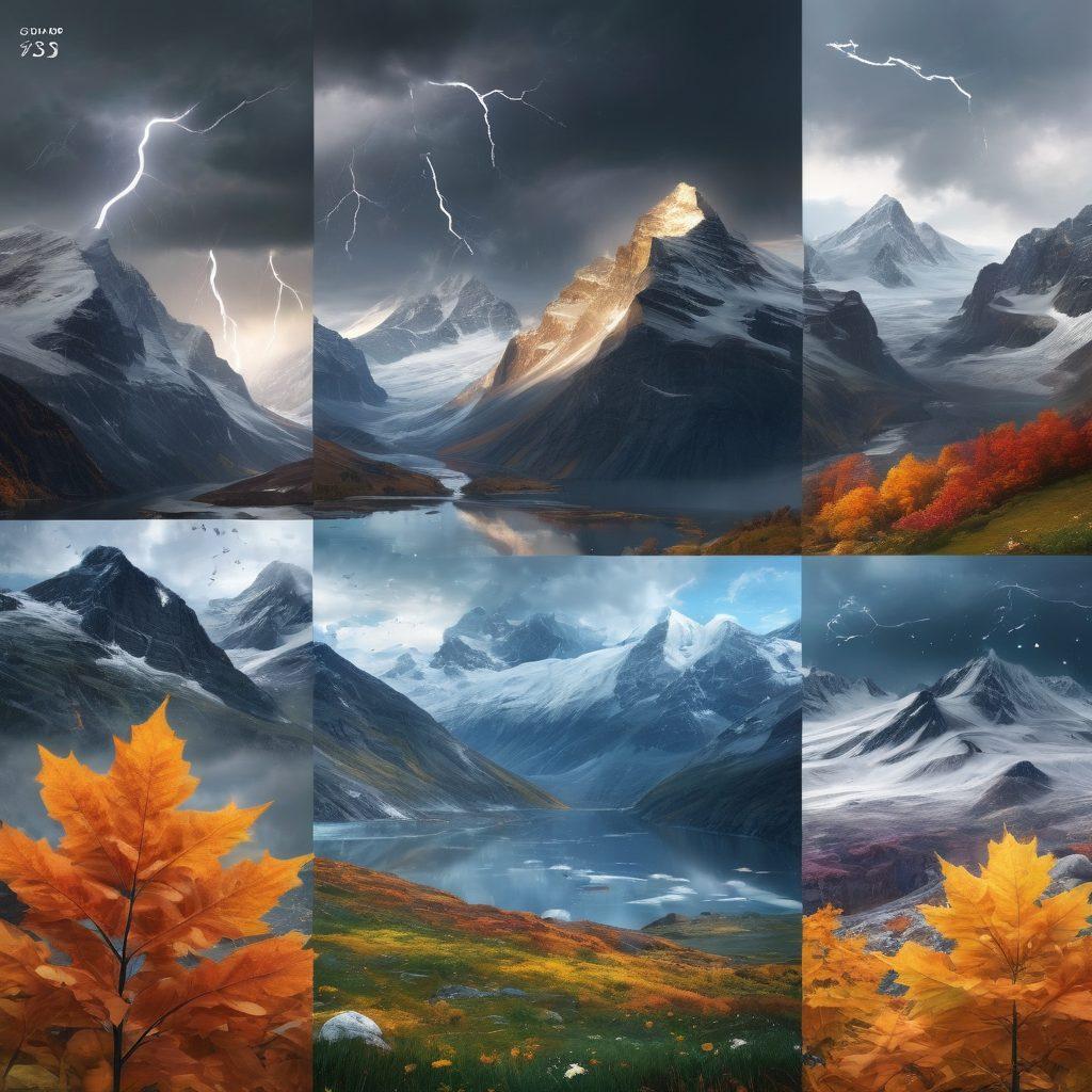 A dynamic landscape showcasing varied weather patterns from climate change impacts to seasonal trends, featuring melting glaciers, blooming flowers, autumn leaves, and stormy skies. Integrate icons of weather phenomena like lightning, sun, and snowflakes in a harmonious composition. Include a diverse group of people interacting with nature, looking at mobile weather apps. Super-realistic. Vibrant colors. 3D.