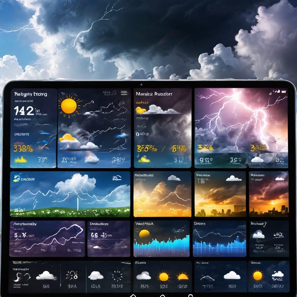 A dynamic weather dashboard featuring live meteorological data with vivid radar images, lightning bolts, and weather icons. Include a diverse group of people checking their smartphones and tablets, showing surprise and curiosity. The background should be filled with stormy clouds and sun peeking through, symbolizing unpredictability. Emphasize bright colors to represent different weather conditions. super-realistic. vibrant colors. 3D.